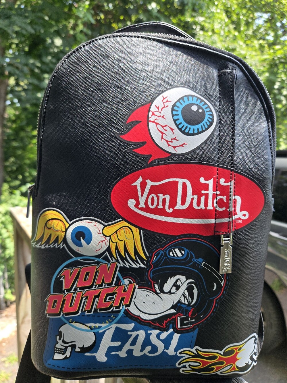 Von Dutch Black Backpack with Red & Yellow Graphic Patches